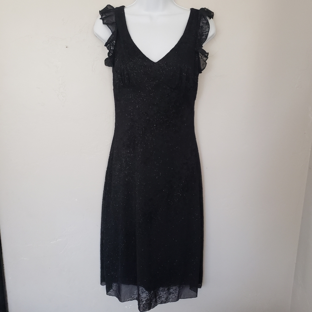 La Belle Vintage 90s Y2K Black Cap Sleeve Midi Dress V-neck Lace Velvet Sparkly